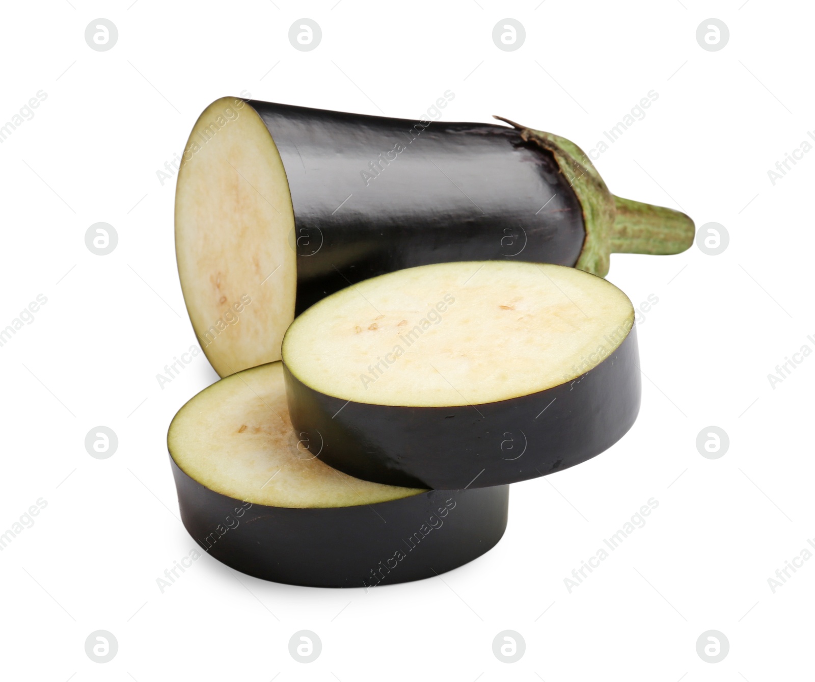 Photo of Slices of raw eggplant isolated on white