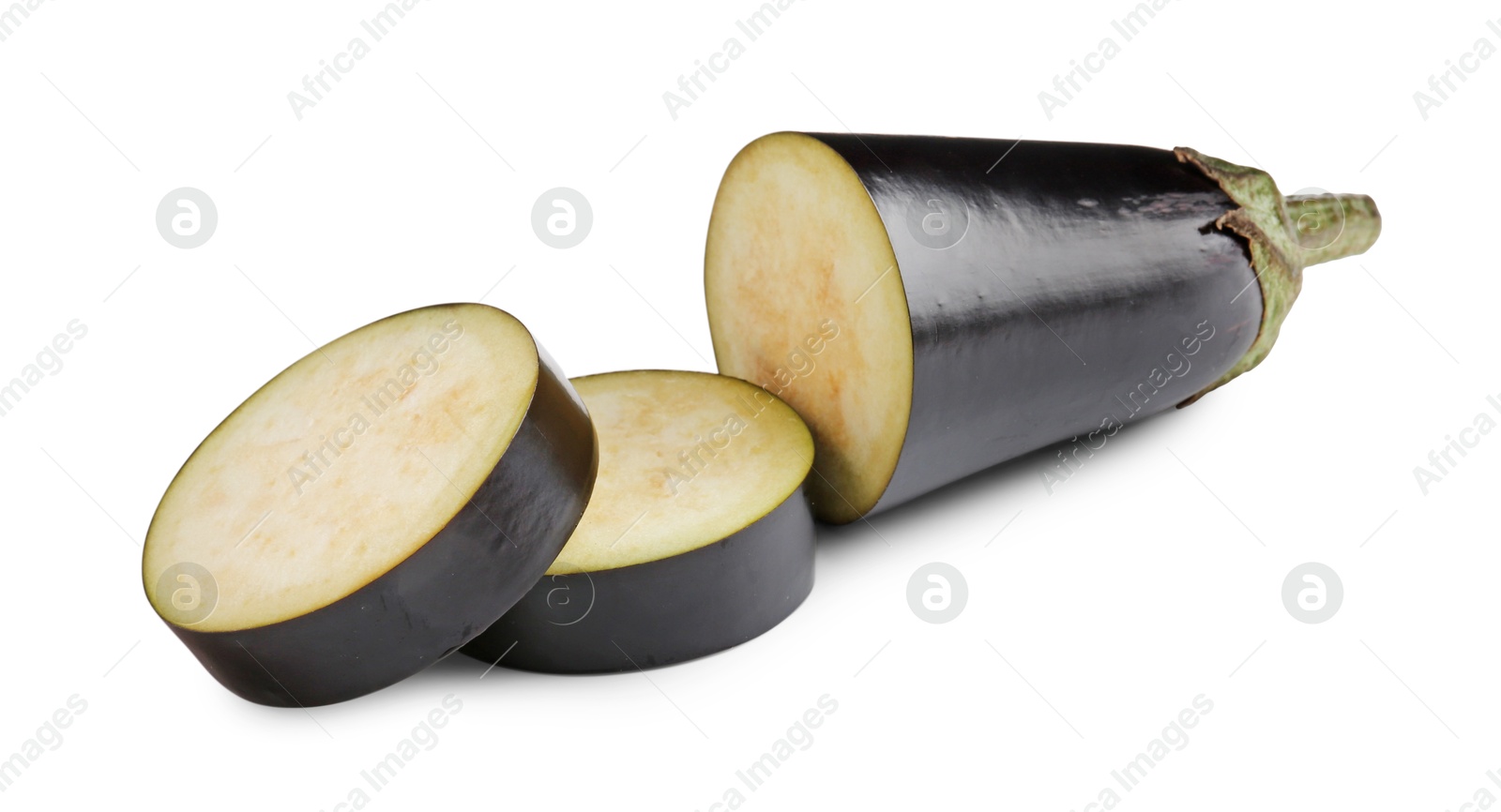 Photo of Slices of raw eggplant isolated on white