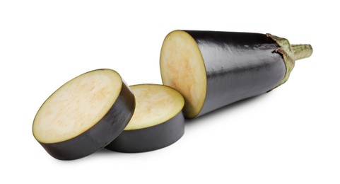Photo of Slices of raw eggplant isolated on white