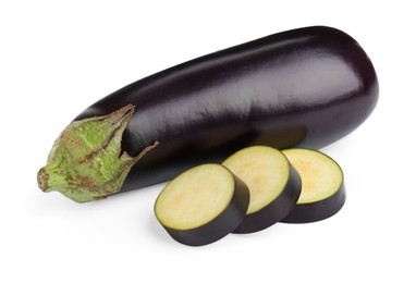 Photo of Whole and cut fresh eggplants isolated on white
