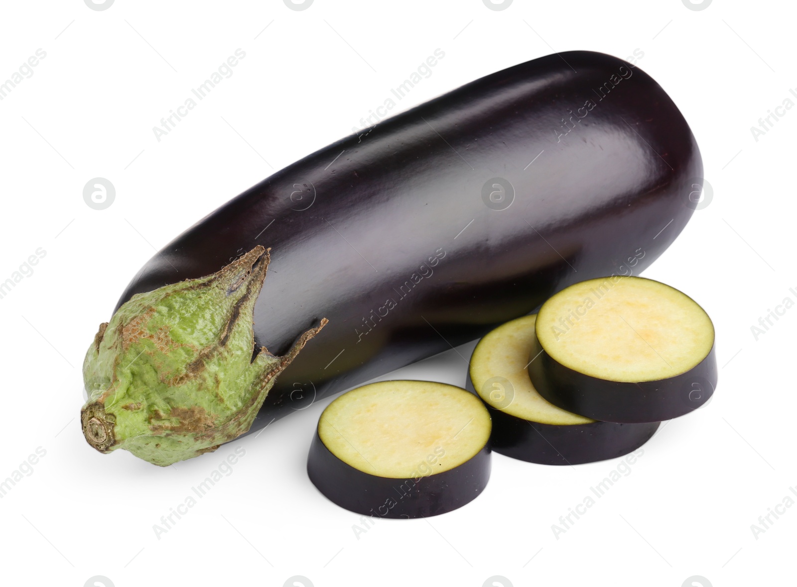 Photo of Whole and cut fresh eggplants isolated on white