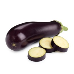 Photo of Whole and cut fresh eggplants isolated on white