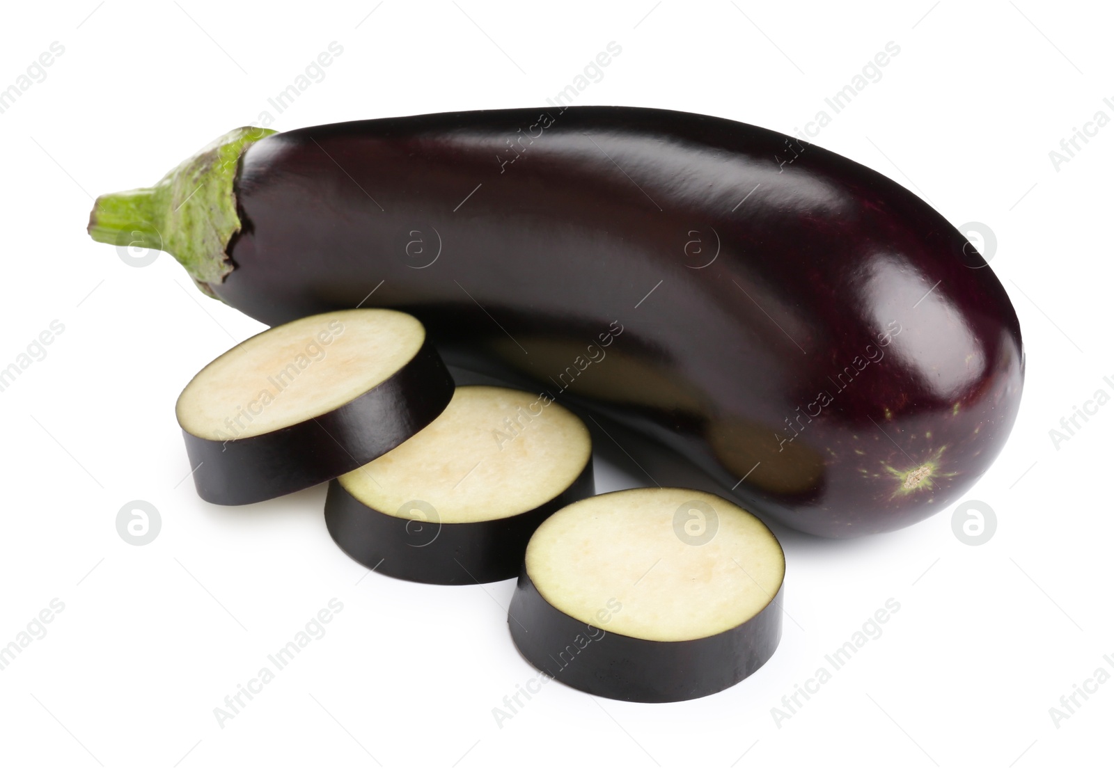 Photo of Whole and cut fresh eggplants isolated on white