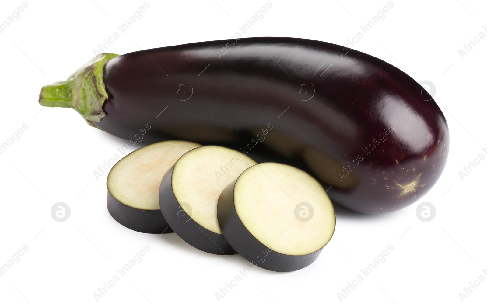 Photo of Whole and cut fresh eggplants isolated on white