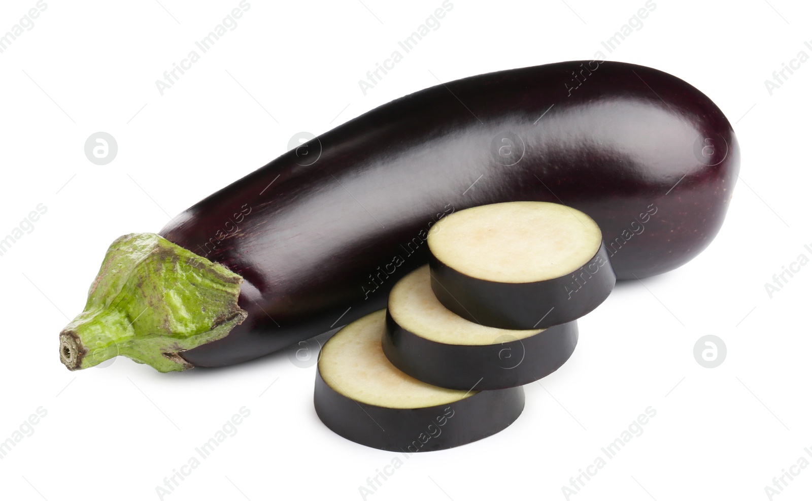 Photo of Whole and cut fresh eggplants isolated on white