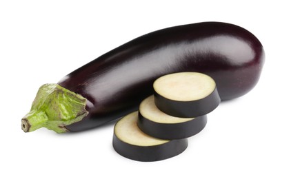 Photo of Whole and cut fresh eggplants isolated on white