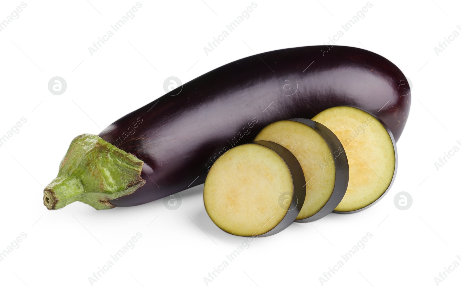 Photo of Whole and cut fresh eggplants isolated on white