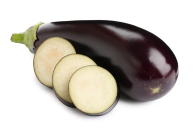 Photo of Whole and cut fresh eggplants isolated on white