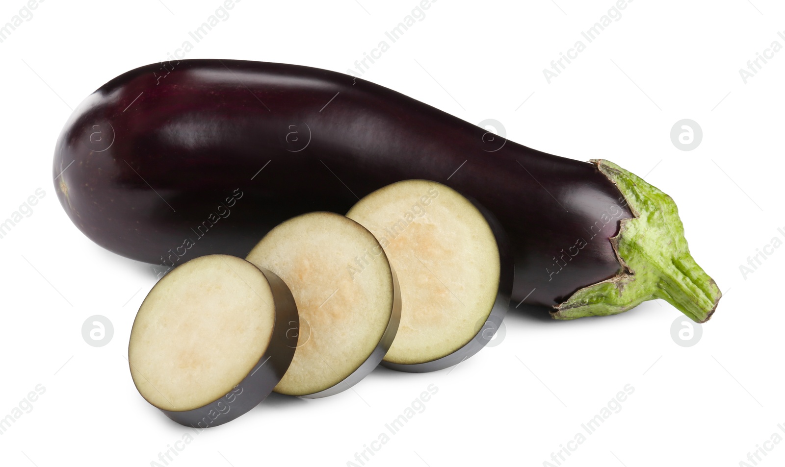Photo of Whole and cut fresh eggplants isolated on white