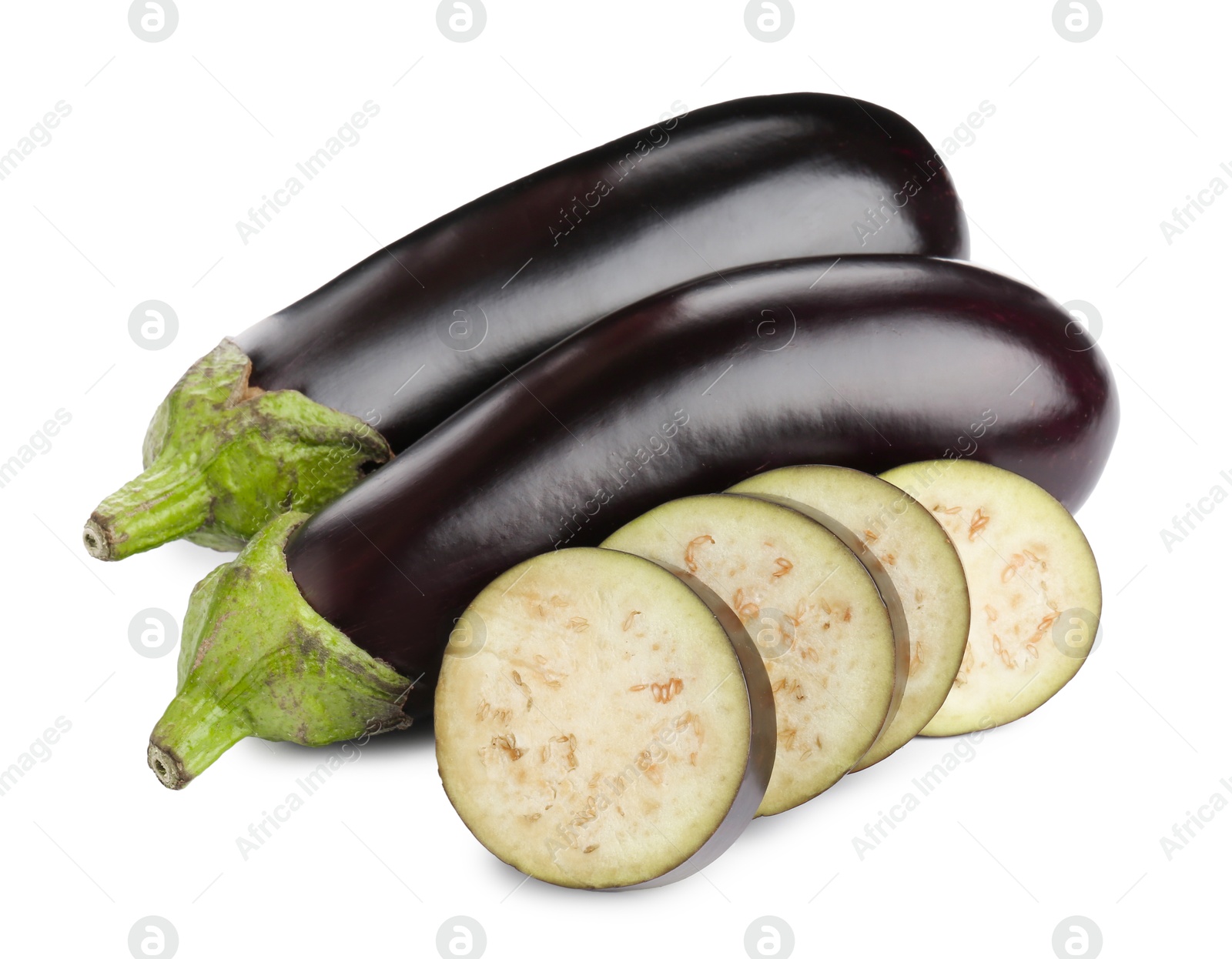 Photo of Whole and cut fresh eggplants isolated on white
