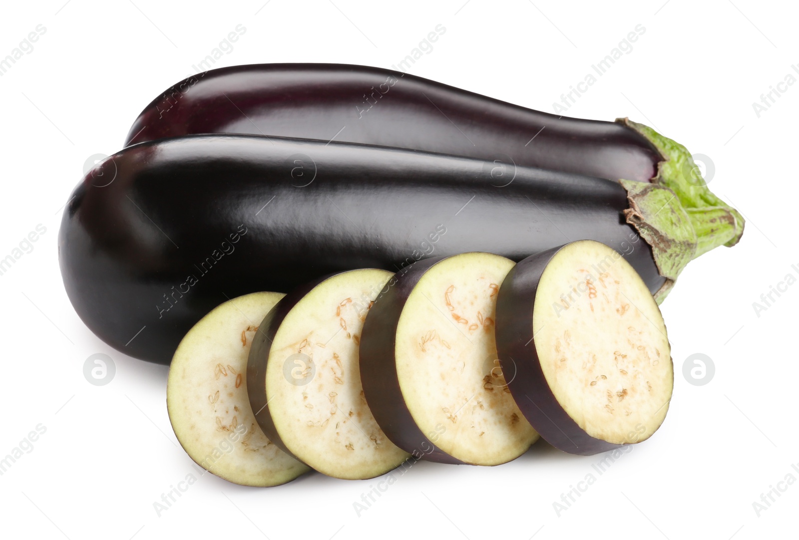 Photo of Whole and cut fresh eggplants isolated on white