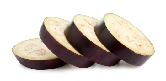 Photo of Pieces of fresh eggplant isolated on white
