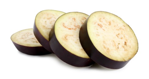 Photo of Pieces of fresh eggplant isolated on white
