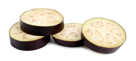 Photo of Pieces of fresh eggplant isolated on white