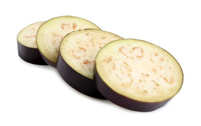 Photo of Pieces of fresh eggplant isolated on white