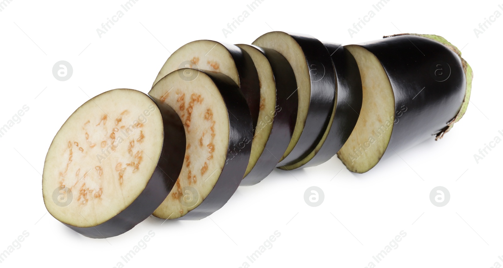 Photo of Pieces of fresh eggplant isolated on white