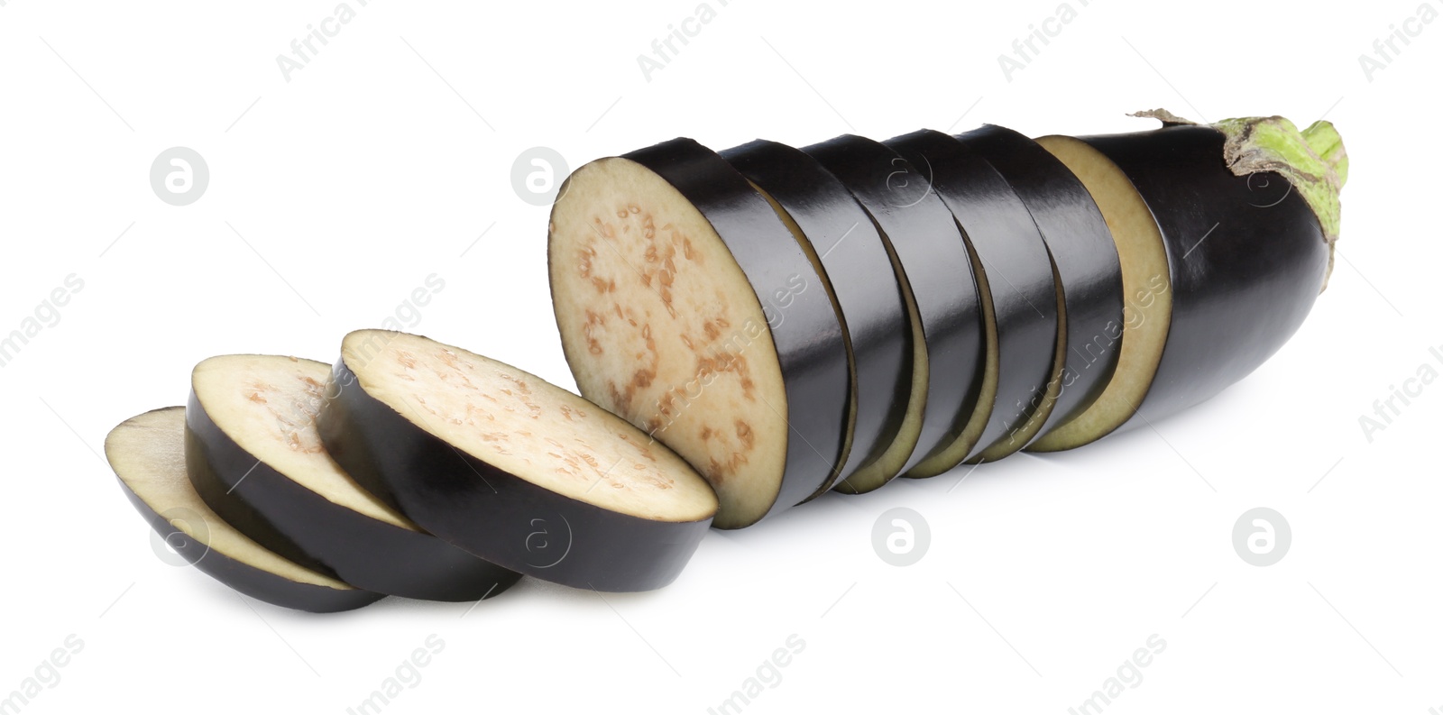 Photo of Pieces of fresh eggplant isolated on white