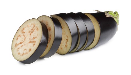 Photo of Pieces of fresh eggplant isolated on white