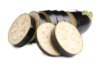 Photo of Pieces of fresh eggplant isolated on white