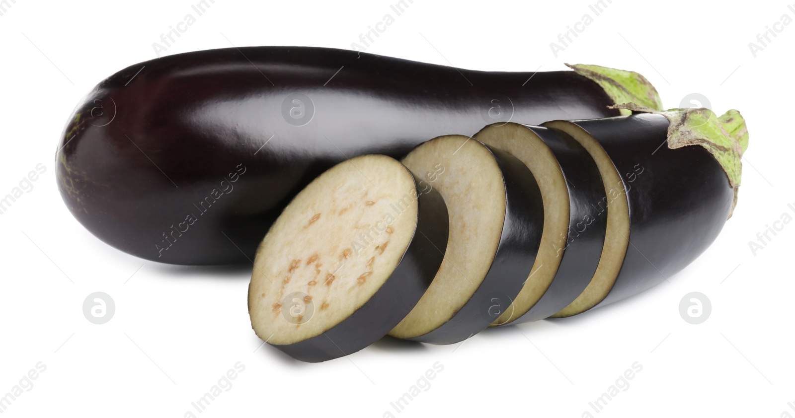 Photo of Whole and cut fresh eggplants isolated on white