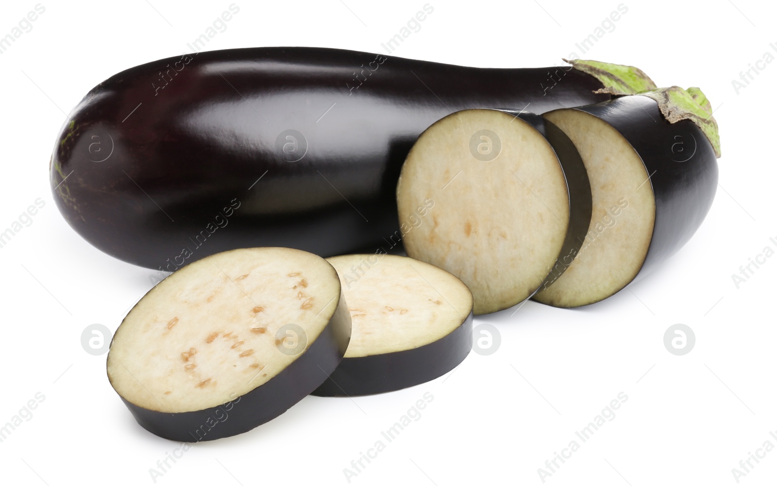 Photo of Whole and cut fresh eggplants isolated on white