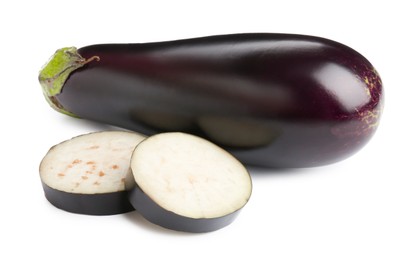 Photo of Whole and cut fresh eggplants isolated on white