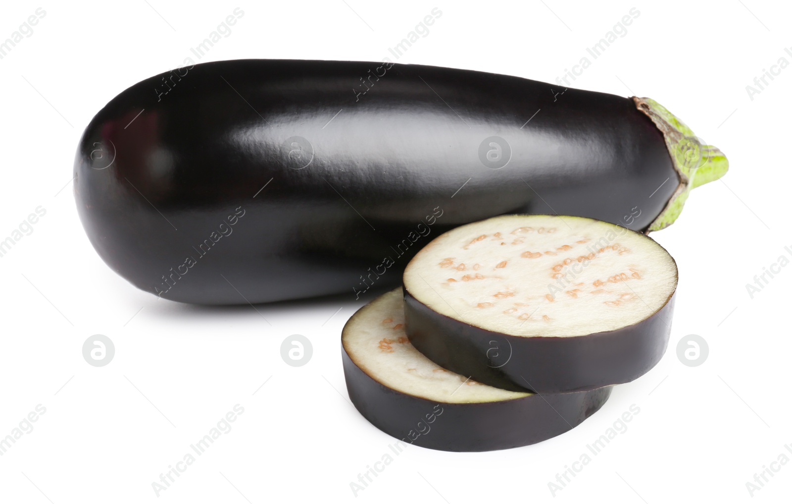 Photo of Whole and cut fresh eggplants isolated on white