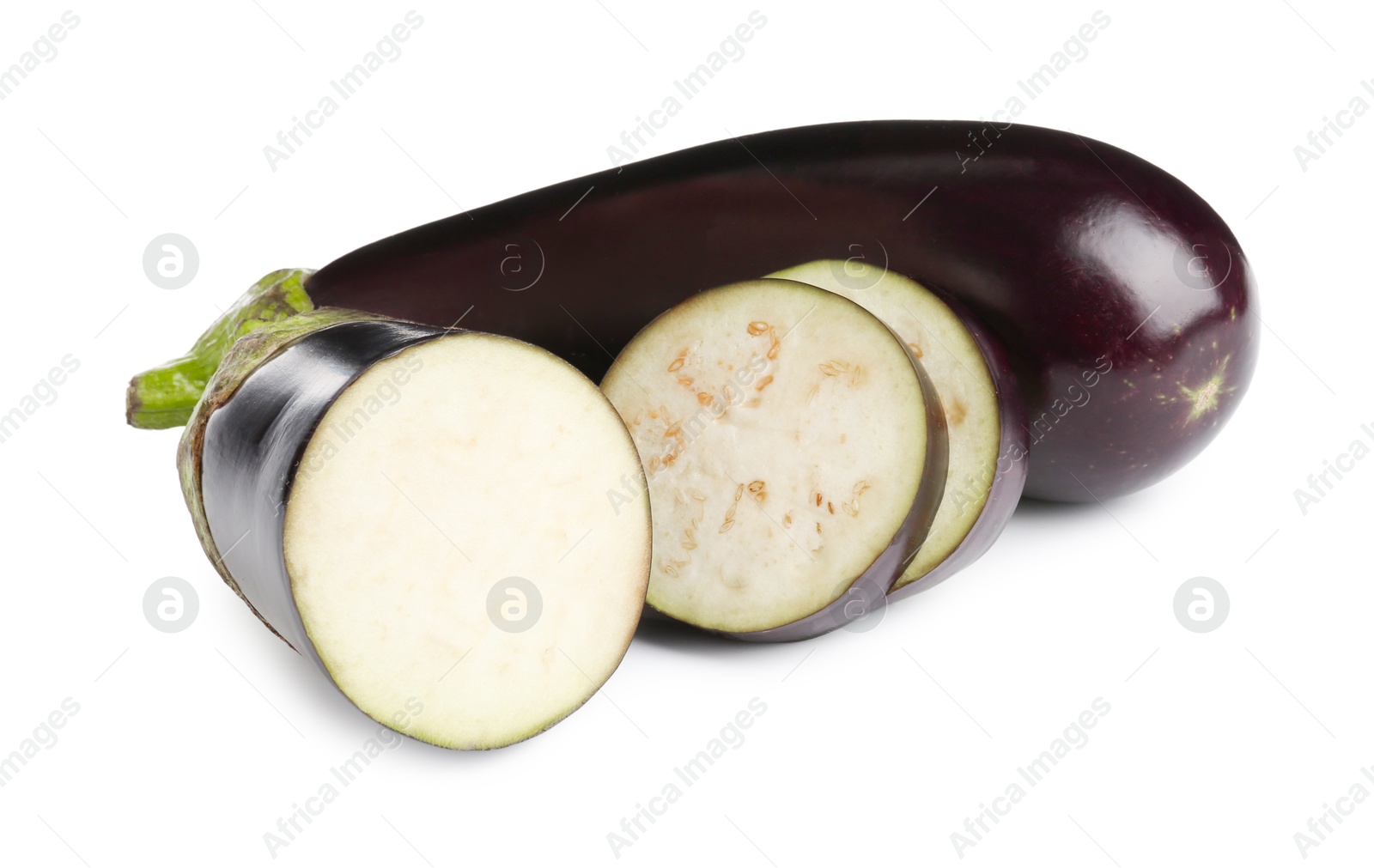 Photo of Whole and cut fresh eggplants isolated on white