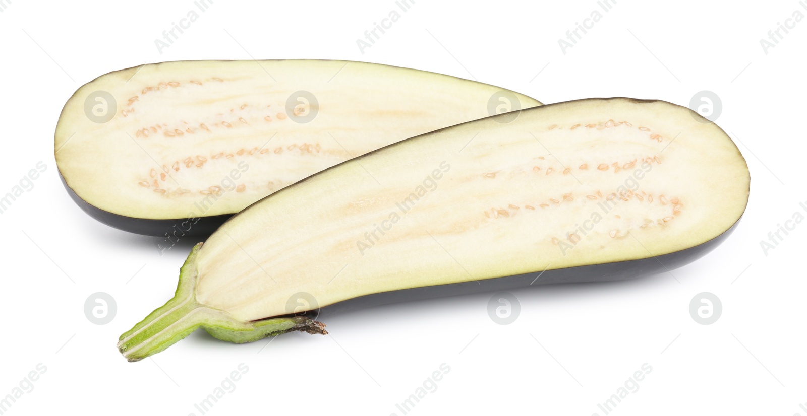 Photo of Halves of fresh eggplant isolated on white