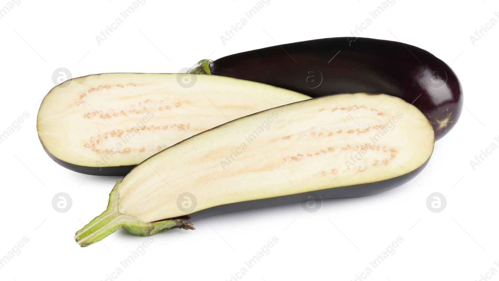 Photo of Whole and cut fresh eggplants isolated on white