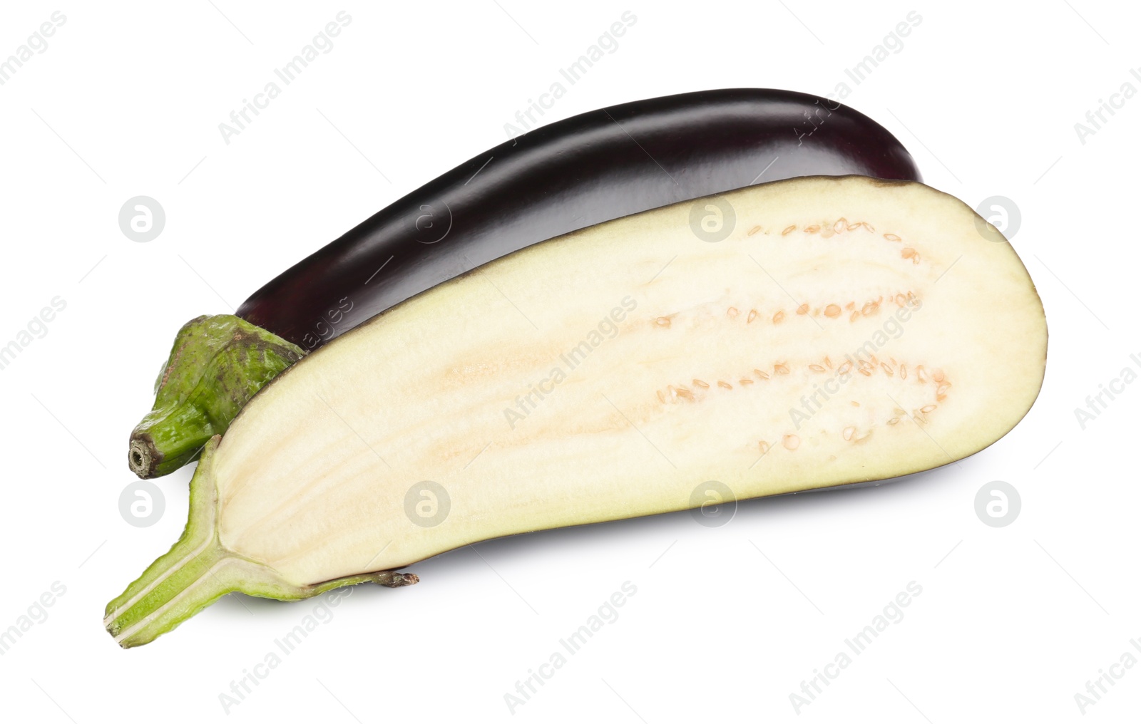 Photo of Whole and cut fresh eggplants isolated on white