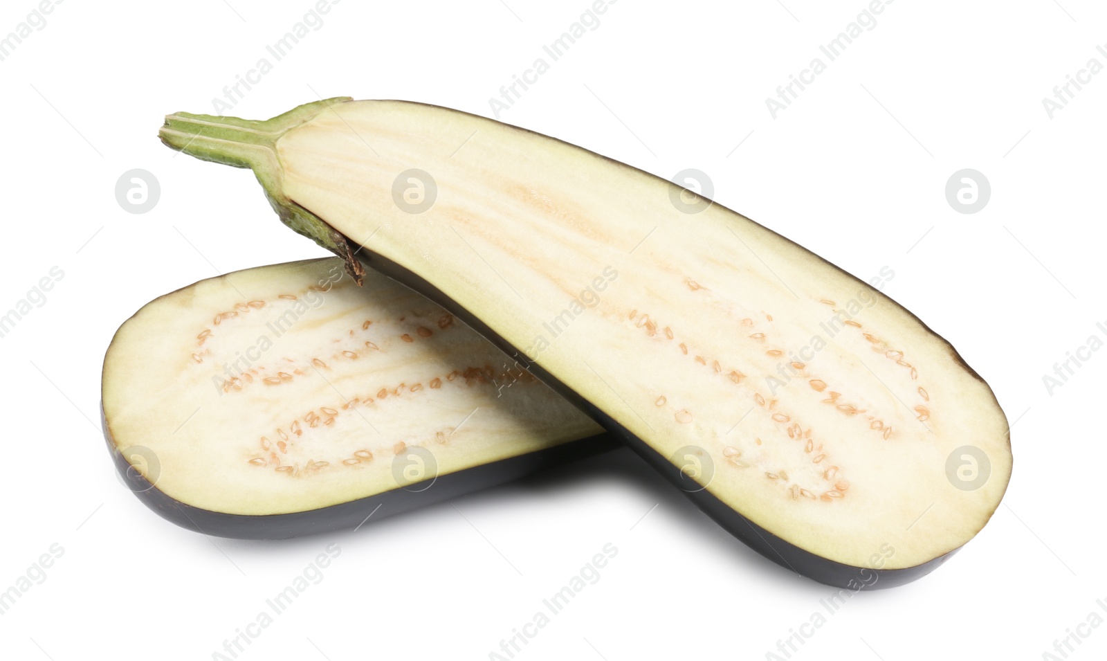 Photo of Halves of fresh eggplant isolated on white