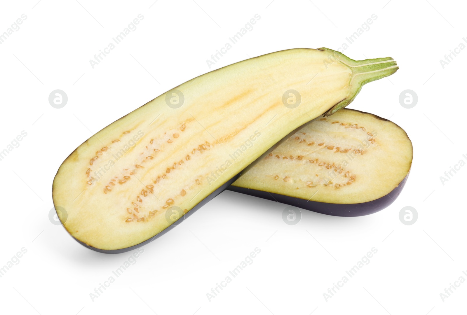 Photo of Halves of fresh eggplant isolated on white