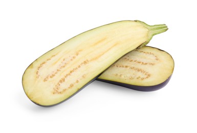 Photo of Halves of fresh eggplant isolated on white