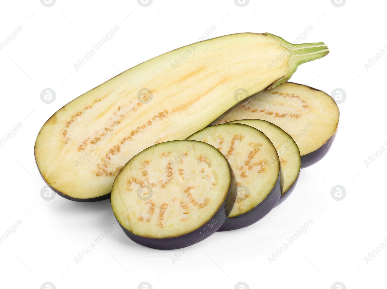 Pieces of fresh eggplants isolated on white Photo of Pieces of fresh eggplants isolated on white