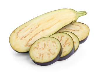 Photo of Pieces of fresh eggplants isolated on white