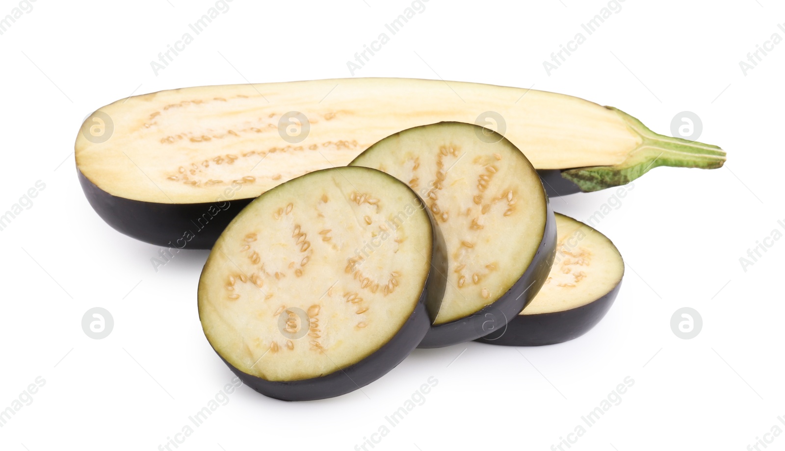Pieces of fresh eggplants isolated on white Photo of Pieces of fresh eggplants isolated on white