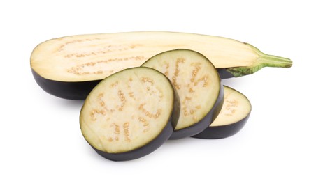 Photo of Pieces of fresh eggplants isolated on white