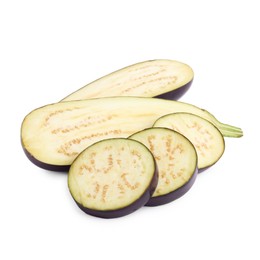 Photo of Pieces of fresh eggplants isolated on white
