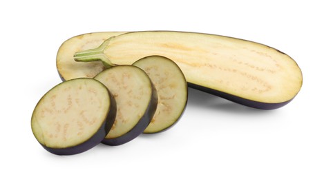 Photo of Pieces of fresh eggplants isolated on white