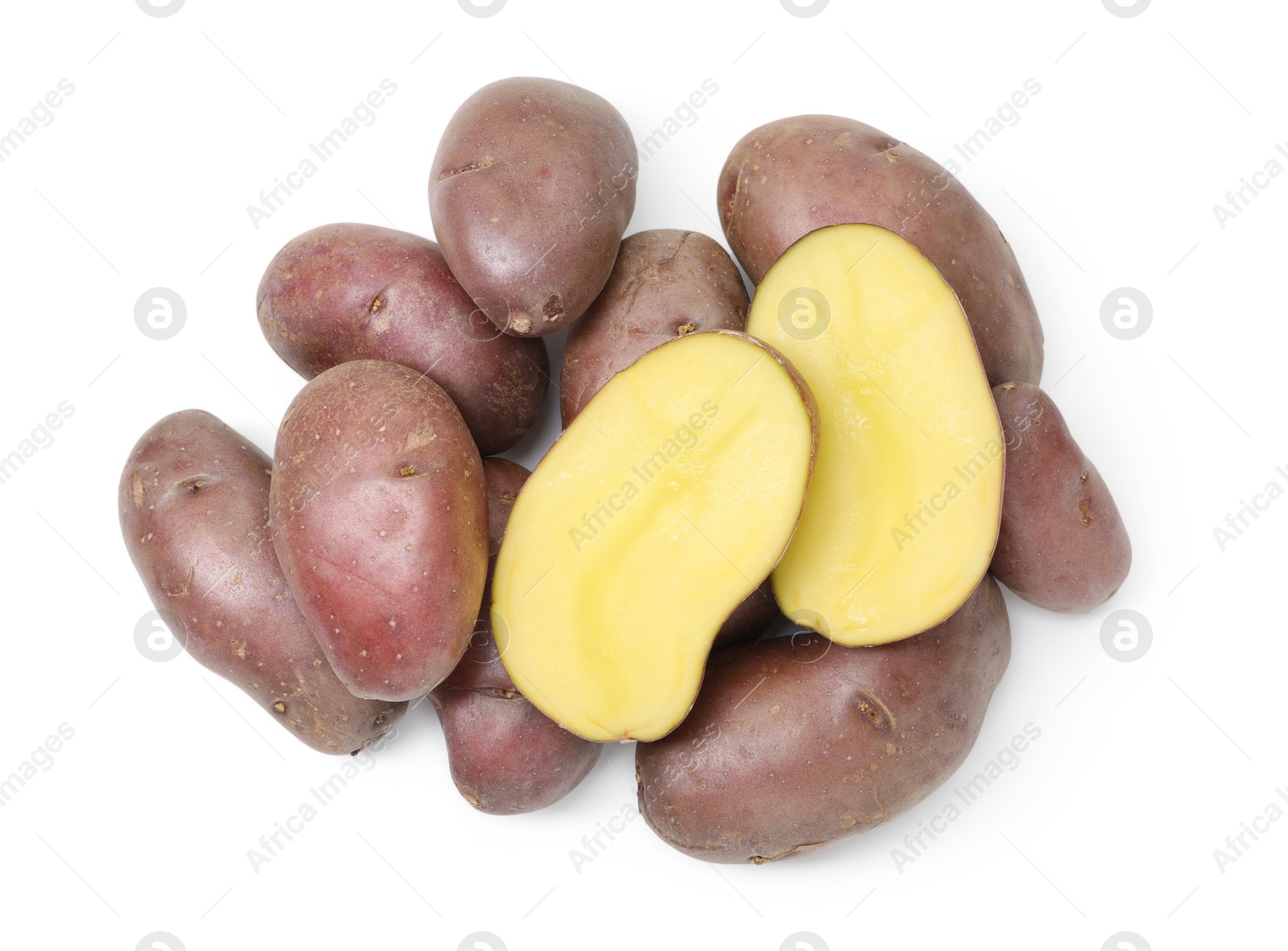 Photo of Whole and cut fresh potatoes isolated on white, top view