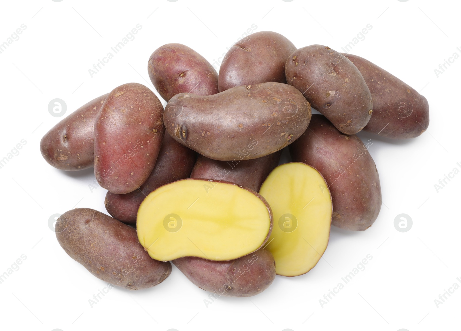 Photo of Whole and cut fresh potatoes isolated on white, top view