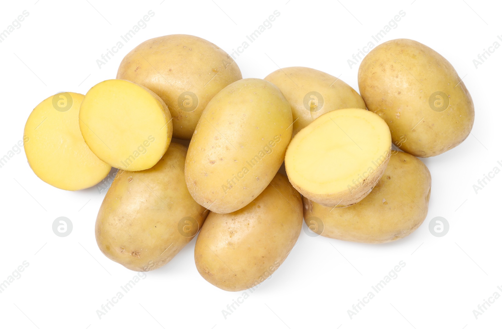 Photo of Whole and cut fresh potatoes isolated on white, top view