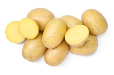 Photo of Whole and cut fresh potatoes isolated on white, top view