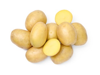 Photo of Whole and cut fresh potatoes isolated on white, top view