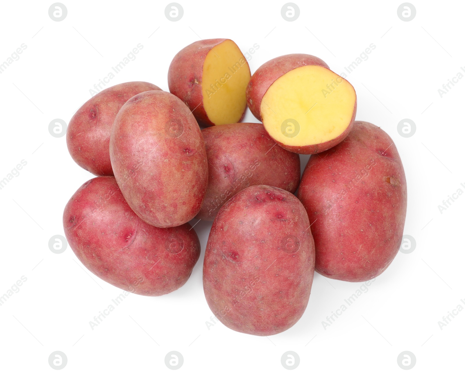 Photo of Whole and cut fresh red potatoes isolated on white, top view