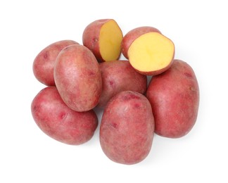 Photo of Whole and cut fresh red potatoes isolated on white, top view
