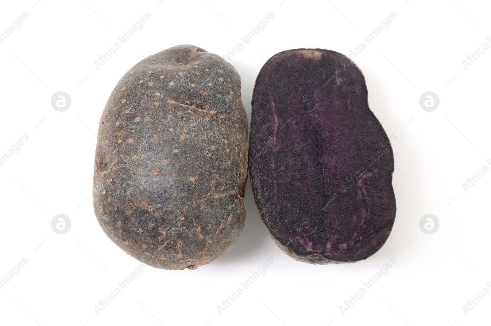 Photo of Whole and cut fresh ripe potatoes isolated on white, top view