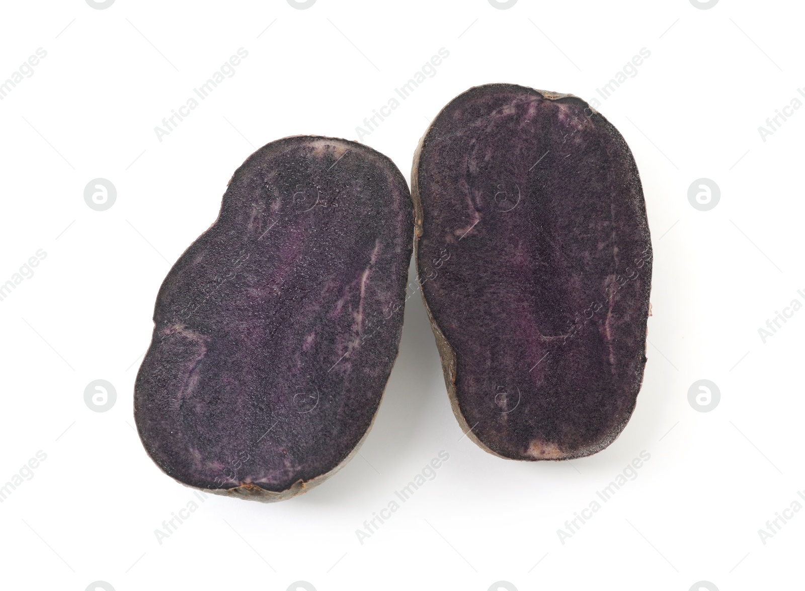 Photo of Cut fresh ripe potato isolated on white, top view