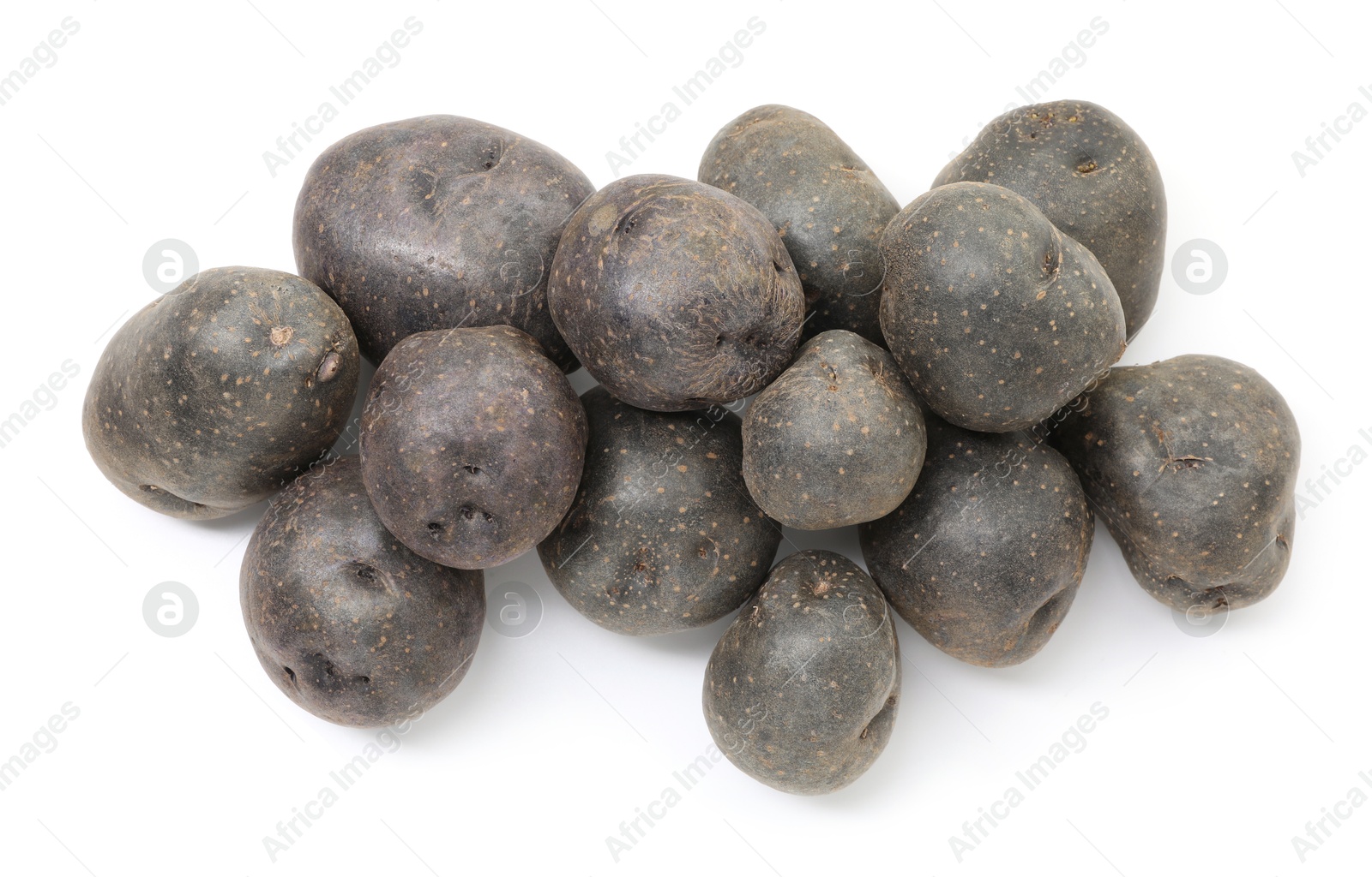 Photo of Fresh purple potatoes isolated on white, top view